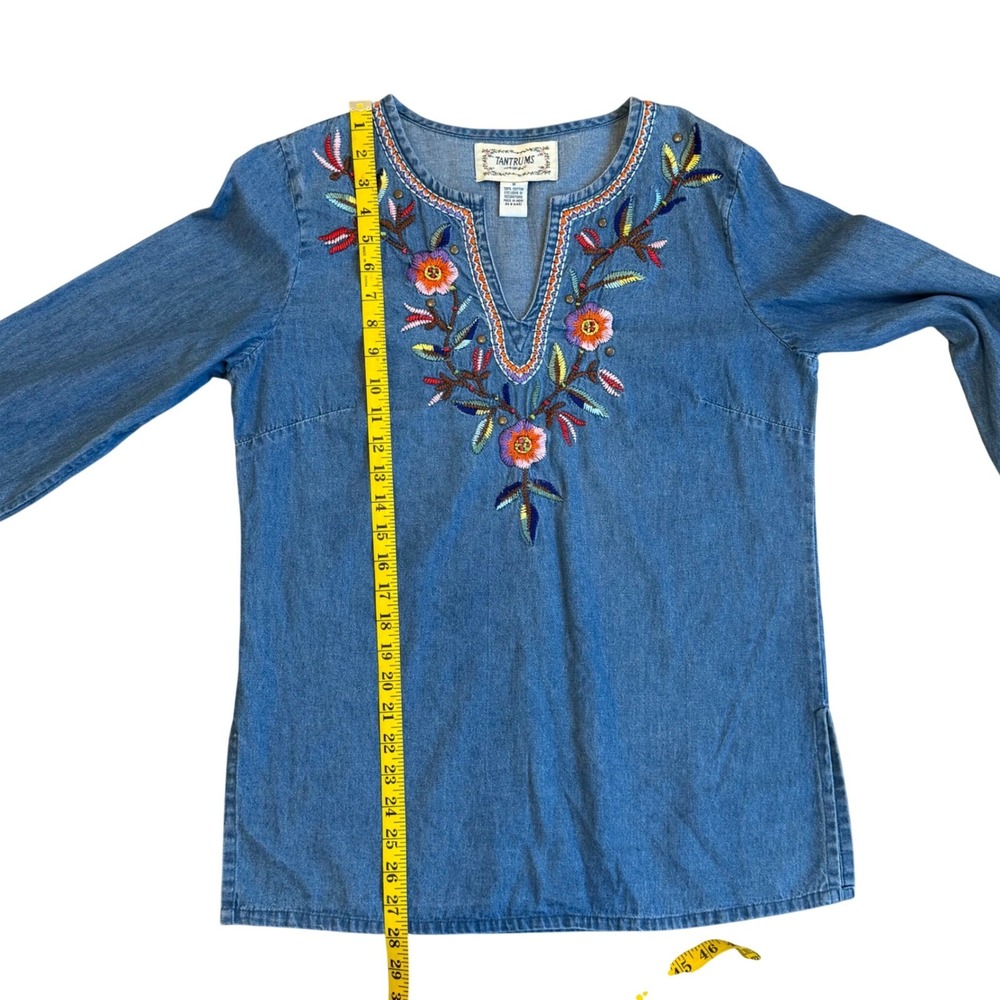 Tantrums Womens Medium Blue‎ Denim Embroidered Floral Boho Tunic Top Cotton M - Picture 10 of 15
